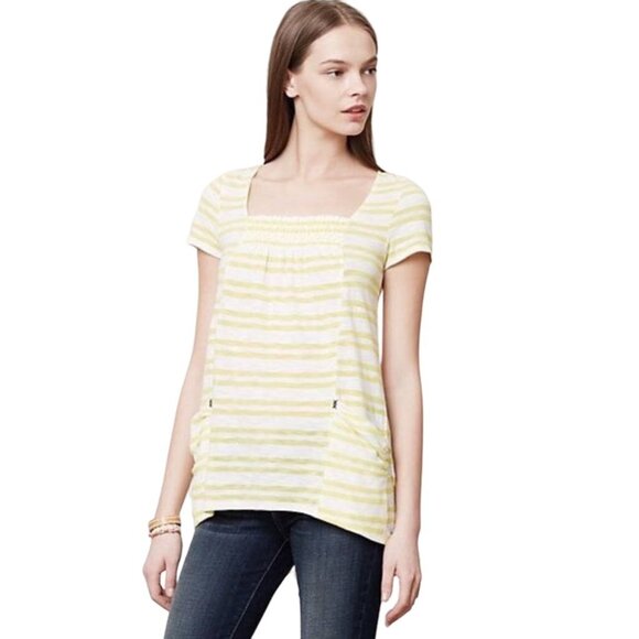 MEADOW RUE ANTHRO Shirt Stripe Butter Yellow White Pockets Short Womens SZ S‎ - Picture 2 of 8